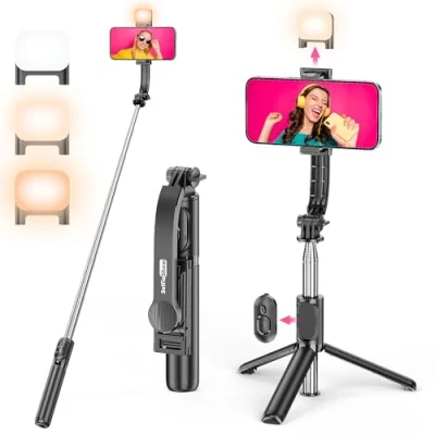 Afbeelding van Selfie Stick Statief met Vullicht, Uitschuifbare 4 in 1 Afneembare Afstandsbediening &amp; Houder Smartphone 360 Draaibaar Draagbaar Reisstatief Compatibel voor iPhone/Samsung