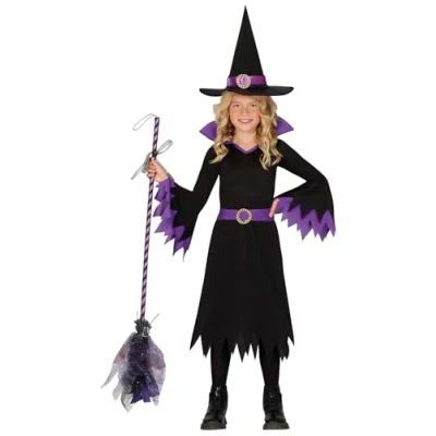 Afbeelding van Fiestas Guirca Heksen verkleed kostuum Agatha 3 delig zwart/paars voor meisjes Halloween 140/152