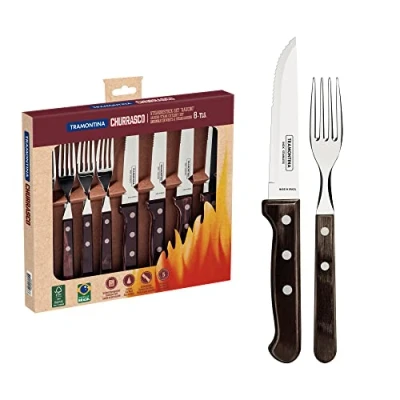 Afbeelding van Tramontina Steakbestek Gaucho, 8 delig, met 4 steakmessen en steakvorken, roestvrij staal, echt houten handvat, FSC, bruin handvat