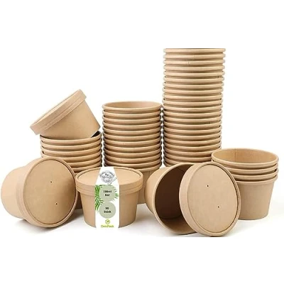 Afbeelding van DeinPack 50 soepbekers to go met deksel, bruin, 230 ml, beker PLA binnencoating, om mee te nemen, karton, wegwerpbekers ijsbekers biologisch afbreekbaar