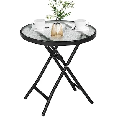 Afbeelding van eSituro klaptafel, opklapbare bijzettafel, balkontafel, campingtafel, tuintafel, bistrotafel, met metalen frame, rond tafelblad van gehard glas, φ46x47,5cm, zwart+transparant SCPT0041