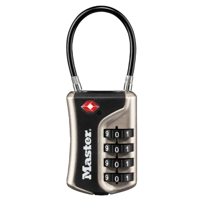 Afbeelding van Hangslot Masterlock 4 cijfer combinatie TSA flexibele beugel zwart 35mm