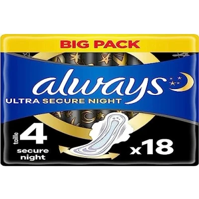 Afbeelding van Always Ultra maandverband, maat 4, Secure Night, 18 handdoeken met vleugels, overvloedig rivier &#039;s nachts, maximaal comfort, super absorberend en ultradun