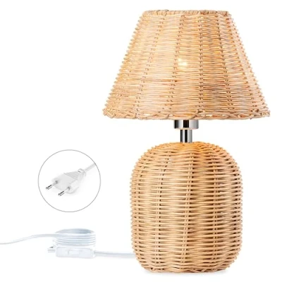 Afbeelding van tafellamp rotan van bamboe E27 bedlampje met stekker en schakelaar retro natuurleeslamp handgemaakte geweven lantaarnscherm 1,5 m kabel voor slaapkamer woonkamer eetkamer