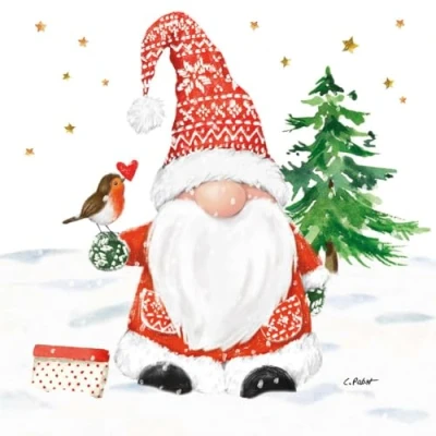 Afbeelding van 20 servetten Kerstmis winterdwerg in de sneeuw als tafeldecoratie. Papieren met motief. Ook voor decoupage en servettentechniek 33x33cm