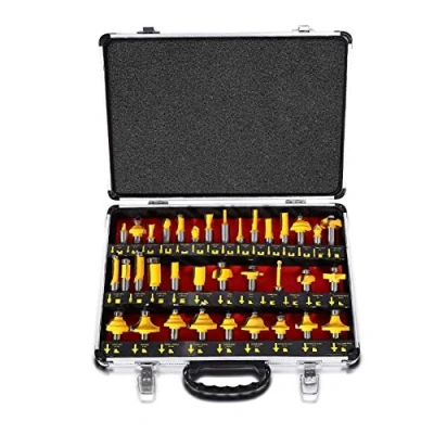 Afbeelding van Cocoarm Houtfrees, freesset, bovenfraeser, 35 delig, routerset, frees voor bovenfrees, houtsnijder, set, groeffrees, profielfrees met opbergdoos en 1/2 inch schacht (geel)