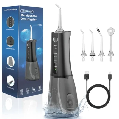 Afbeelding van SURFOU Monddouche en irrigator 5 modi 7 opzetstukken, IPX7 waterdicht, USB TYP C oplaadbaar 300 ml waterreservoir voor reizen gebruik thuis, donkergrijs
