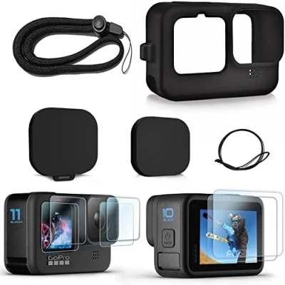 Afbeelding van FitStill Siliconen Sleeve Case voor Go Pro Hero 12/Hero 11/Hero 10/Hero 9 Black, Batterij Side Cover &amp; Lens Caps Screen Protectors Lanyard 12/11/10/9 Black Accessoires Kit