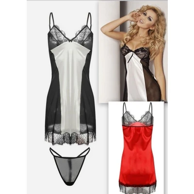 Afbeelding van Verleidelijke satijnen chemise met string kort sexy nachthemd kant slipdress transparante tule DKaren Delia licht ecru/ zwart S