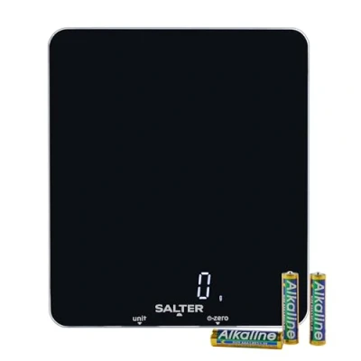Afbeelding van Salter 1180 BKDR Phantom elektronische keukenweegschaal, maximale capaciteit 5 kg, verborgen tot het verlicht is, gemakkelijk af te lezen display, groot, ultraslank glazen platform, functies voor toevoegen en wegen, meet vloeistoffen, zwart