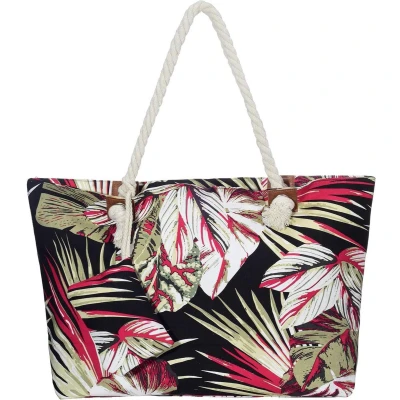 Afbeelding van Grote strandtas met ritssluiting 58 x 38 18 cm verenopdruk shopper schoudertas strandstijl, zwart
