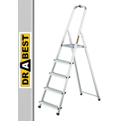 Afbeelding van Drabest Aluminium Huishoudladder met 5 Treden, Capaciteit 125kg Trapladder Veiligheidsrail en Werkladderplatform Ladders Multifunctioneel Trapladders Treden 45 x 168 12cm