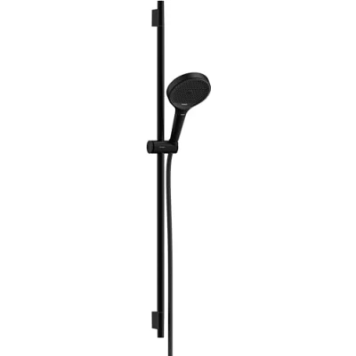 Afbeelding van hansgrohe rainfinity doucheset 130 3jet ecosmart met glijstang 90 cm push schuifstuk en textiel doucheslang 160 mat zwart 28744670