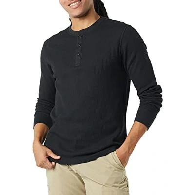 Afbeelding van Amazon Essentials Heren Regular Fit Henley shirt met lange mouwen, zwart, S