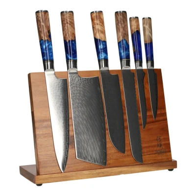 Afbeelding van Epoxy Sapphire 6 delige Damascus japanse Messenset + Acacia houder enkelzijdig