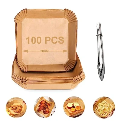 Afbeelding van Nutabevr 100 stuks bakpapier voor heteluchtfriteuse en een clip, 20 cm, vierkant, airfryer bakpapier, anti aanbak, wegwerpschalen, perkamentpapier, liner braadpan, oven, magnetron, oliebestendig