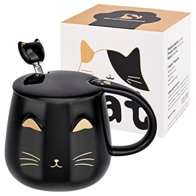 Afbeelding van Zwarte kattenmok, schaduwrijk aardewerk keramiek met Kawaii deksel in mooie roestvrijstalen lepel, 3D dier, cadeau voor kattenliefhebbers, vrouw