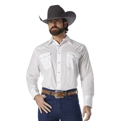 Afbeelding van Wrangler Heren Sport Western Basic shirt met twee zakken, lange mouwen en drukknoopsluiting, Wit, L tall