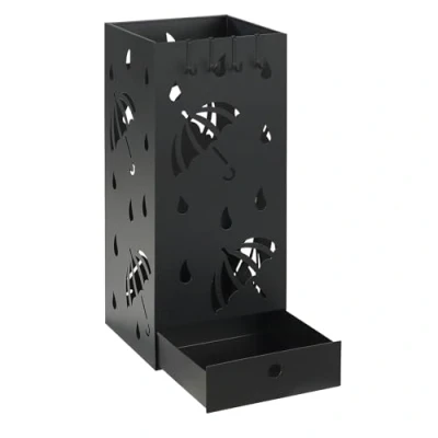 Afbeelding van Laneetal paraplustandaard, vierkante parapluhouder van metaal, met uitneembare wateropvangbak, 4 haken, paraplumotief, 20 x 49 cm, antraciet