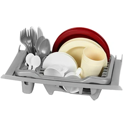 Afbeelding van Klein Toys speelkeuken afwasrek past bij de Miele of Bosch incl. inschuifrails, bestekset, eetservies en koffieservies grijs rood