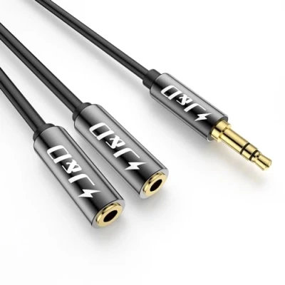 Afbeelding van J&amp;D 3,5 mm naar 2x Kabel, Vergulde Koperen Schaal Heavy duty 1/8 inch TRS Mannelijk 2 x Vrouwelijk Audio Stereo Y splitterkabel, 0,2 Meter