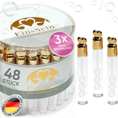 Afbeelding van EinsSein 48x bellenblaas bruiloft hartjes Lovegläschen Box goud hoogglans hartvormig bellen blaas huwelijk met hart handvat wedding bubbles bruiloften buisjes zijn vloeistof
