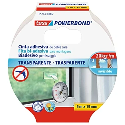 Afbeelding van tesa Powerbond Transparant dubbelzijdig plakband, uv bestendig, voor het bevestigen van glazen en transparante voorwerpen, houdt tot 2 kg per 10 cm 5,0 m x 19 mm