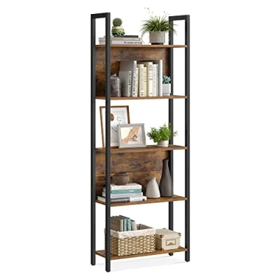 Afbeelding van VASAGLE boekenplank, keukenplank, staande plank met 5 open kastniveaus, gang, keuken, kantoor, stabiel stalen frame, industrieel ontwerp, vintage bruin zwart LLS025B01
