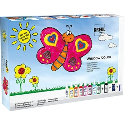 Afbeelding van KREUL 42752 Raamverfset met 8 flesjes raamverf (80 ml), 1 flesje contourverf ml) (zwart) en veel meer