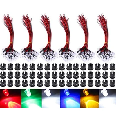 Afbeelding van GTIWUNG 60 stuks 5 mm leds met 20 cm kabel, DC 12 V voorbekabeld licht, voorbekabelde led diodes licht (rood, geel, groen, wit, warmwit, blauw, elk 10 stuks) + montageringen plastic