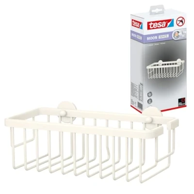 Afbeelding van tesa MOON WHITE Doucherek voor wandmontage zonder boren, mat wit éénlaags en extra diep badkamers in industriële moderne stijl met kleefoplossing 92 mm x 250 125