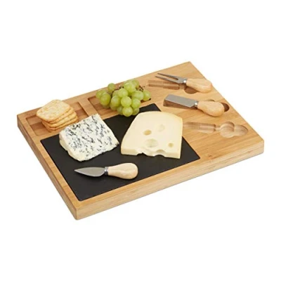 Afbeelding van Relaxdays kaasplank set kaasplankje 3 kaasmessen XL bamboe serveerplank leisteen