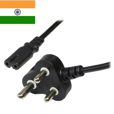 Afbeelding van Stroomkabel met rechte C7 plug en Indiase (type D) stekker 2x 0,75mm / zwart 1,8 meter