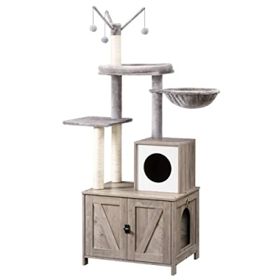 Afbeelding van HOOBRO greige EBG15MZ03 Kattenboom met kattenbakkast, kattenboomtoren, 150 cm, verborgen kattenmeubel, all in one kattenmeubel voor binnen, krabpaal, afneembare pluche balstang,