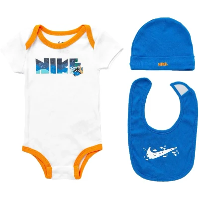 Afbeelding van Nike Babyset Romper/Muts/Slabber 6 12 Maanden Wit/Blauw
