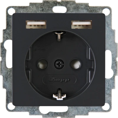 Afbeelding van KOPP Wandcontactdoos Athenis Inbouw 1 voudig Stopcontact 2 USB Aansluiting Randaarde Kinderbeveiliging Mat Antraciet