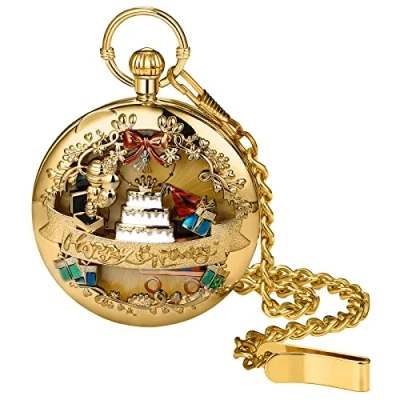 Afbeelding van JewelryWe Zakhorloge voor dames, muziekbox, muziekautomaat, muziek verjaardag, kettinghorloge, analoog, kwarts, horloge met halsketting, ketting, zakhorloge, cadeau, goud, goud