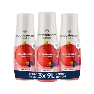 Afbeelding van SodaStream siroop 3 x rode bessen zonder suiker, 1 fles geeft 9 liter kant en klare drank, binnen enkele seconden bereid altijd vers, 440 ml