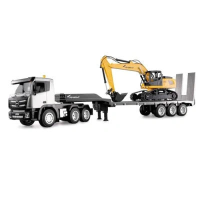 Afbeelding van Amewi 2 in 1 set vrachtwagen met dieplader en graafmachine 1:24 RTR op afstand bestuurd RC bouwplaats kinderen 8 jaar