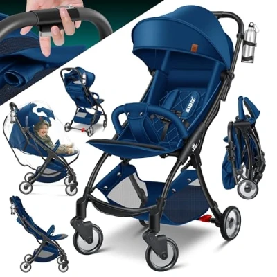 Afbeelding van KIDIZ® Premium kinderwagen, opvouwbaar, 360 graden, wielen, harnas met 5 punten, incl. drankhouder en regenhoes, verstelbare rugleuning zonnekap, marineblauw