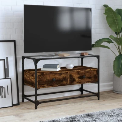 Afbeelding van Tv meubel met glazen blad 80x35x51 cm hout gerookt eikenkleurig