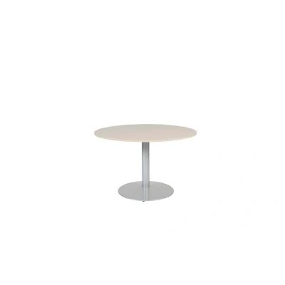 Afbeelding van Linesto 120cm ronde vergadertafel op vaste hoogte (74cm) met lindberg (licht) eiken 25mm blad en aluminium (RAL9006) trompetvoet