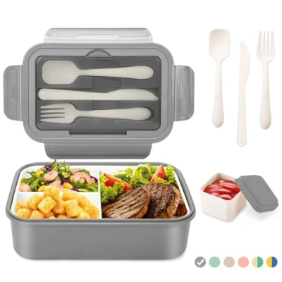 Afbeelding van LUZOON Lunchbox voor volwassenen en kinderen, bentobox, broodtrommel, 1400 ml, 3 vakken, incl. bestek, geschikt magnetron vaatwasser, school, werk, picknick reizen (grijs + sausdoosje)