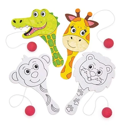 Afbeelding van Baker Ross AW485 Mini Colour in Jungle Animal Paddle, elastische vleermuis en bal voor kinderen om te personaliseren, versieren spelen met kunst ambachten (Pack van 5), wit