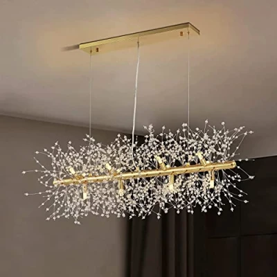 Afbeelding van Moderne kristallen vuurwerk kroonluchter, gouden paardenbloem rechthoekig, voor eetkamer, slaapkamer, woonkamer (12 lampen, 92cm)