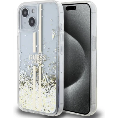 Afbeelding van Guess Liquid Glitter Gold Stripe Back Case Apple iPhone 15 (6.1&quot;) Transparant