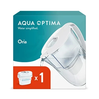 Afbeelding van Aqua Optima Oria Waterfilterkan &amp; 1 x 30 dagen Evolve+ filterpatroon, 2,8 liter inhoud, voor reductie van microplastics, chloor, kalk en onzuiverheden, wit