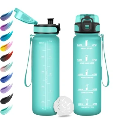 Afbeelding van Drinkfles, 500 ml, lekvrij, gemakkelijk te openen, motiverende waterfles met filter, tijdsweergave, drinkfles voor camping, fietsen, school