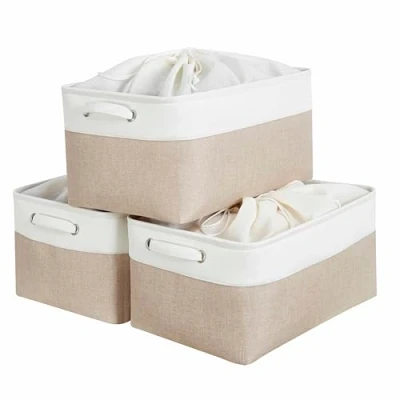 Afbeelding van Mangata Grote canvas opbergdoos 3 stuks, stoffen opbergmand met handgrepen en trekkoord voor kasten, planken, kleding, speelgoed (opvouwbaar, licht kaki wit)