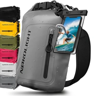 Afbeelding van Nordlight Dry Bag Waterdichte Tas met Telefoonhoes + Roll Top, Schouderriem Drybag Rugzak Pakzak Packsack Duffeltas Wetbag Zwemmen Strand SUP Kanoën Grijs, 10 Liter